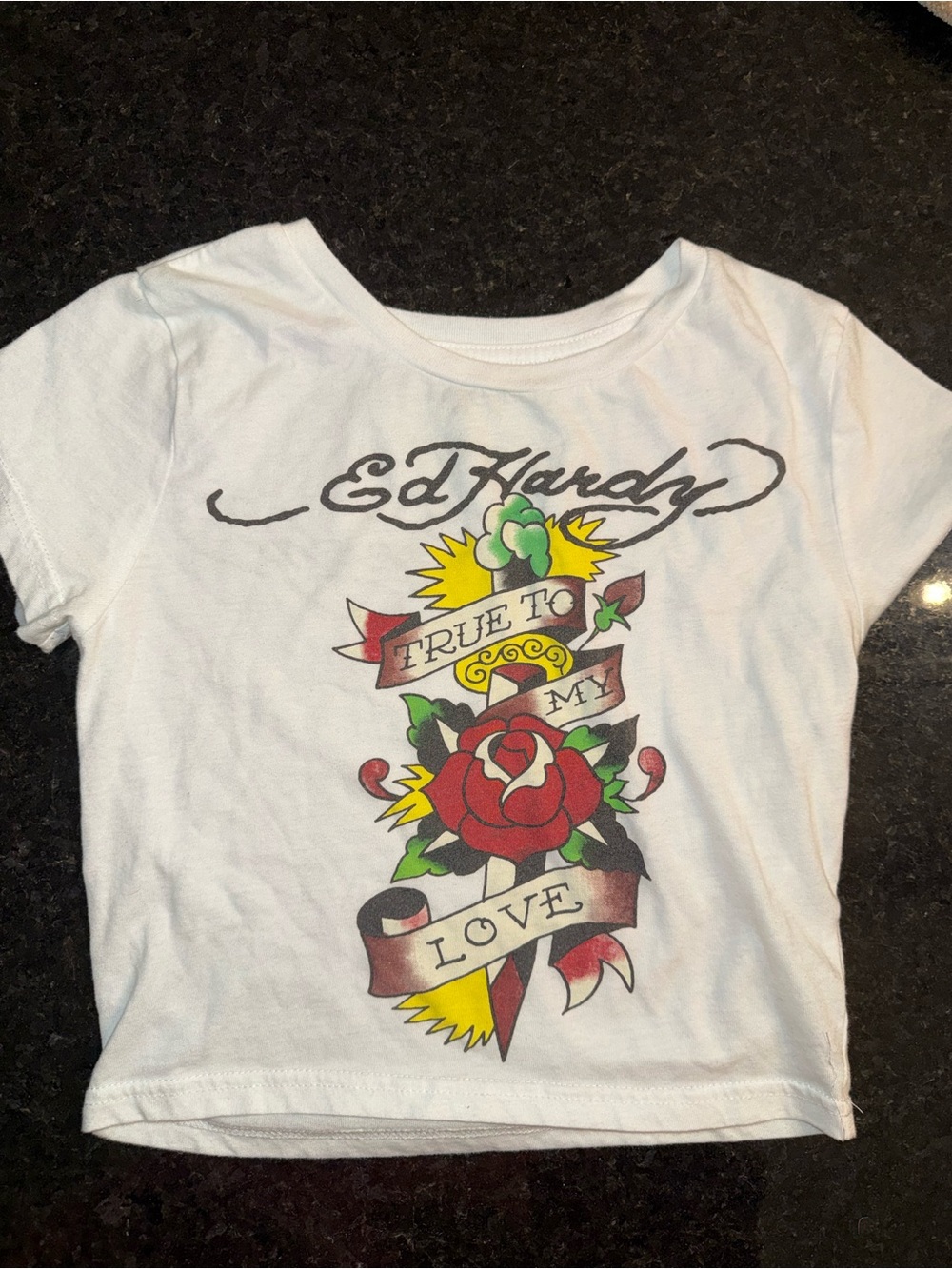 Ed Hardy White Crop Tee with Red Rose Tattoo Graphic